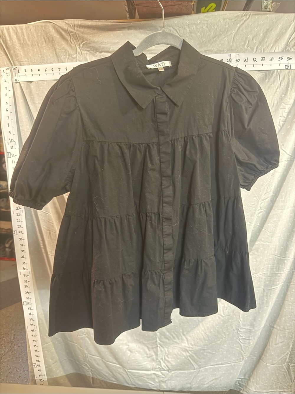 WAYF Black Puff Sleeve Tiered Button-Down Shirt